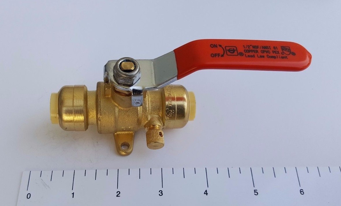 1) 1/2" SHARKBITE STYLE PUSH FIT BALL VALVE W. DRAIN & DROP EAR (LEAD FREE BRASS gallery