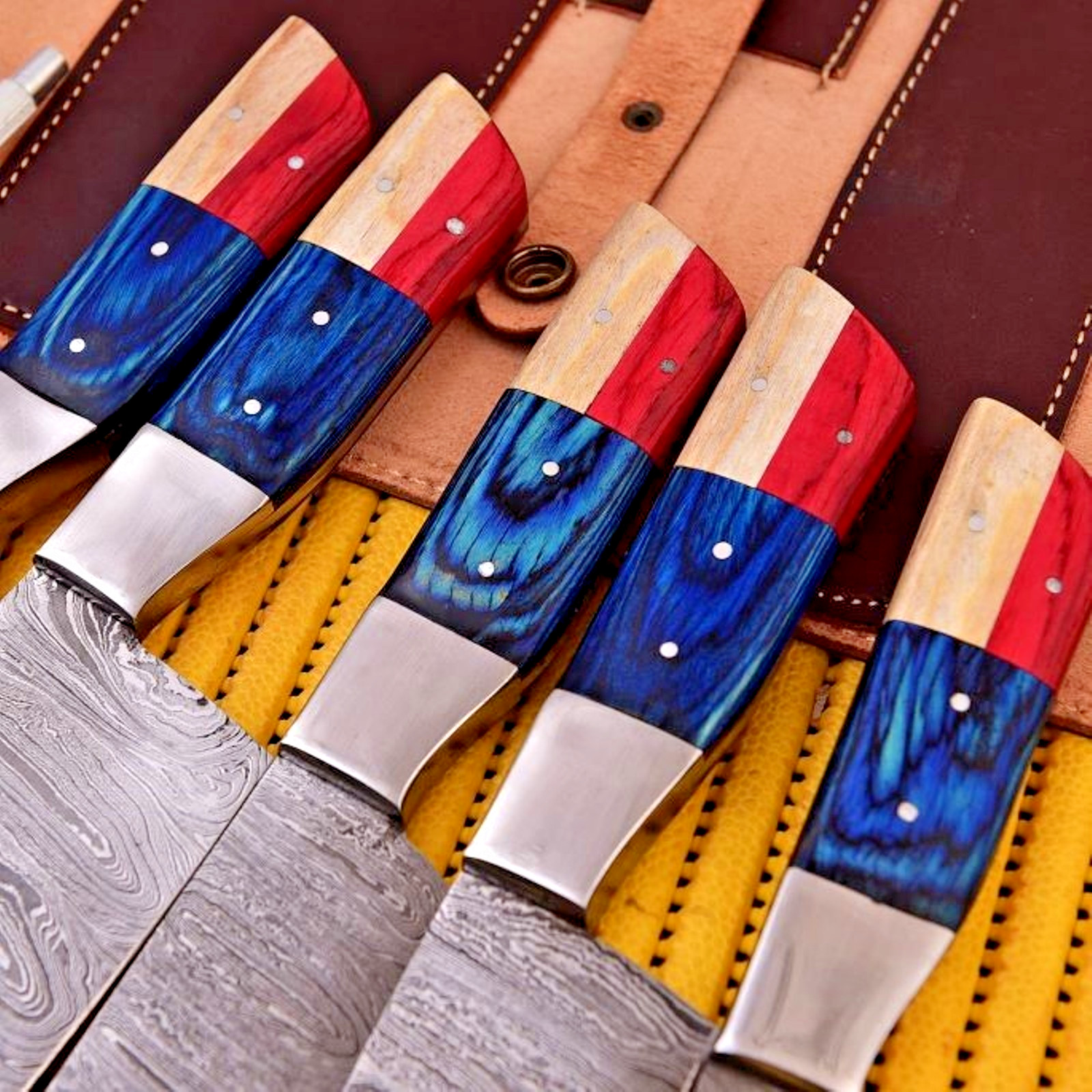 5 Pc Handmade Damascus Chef Kitchen Knife Set Texas Flag Leather Roll Honing Rod gallery