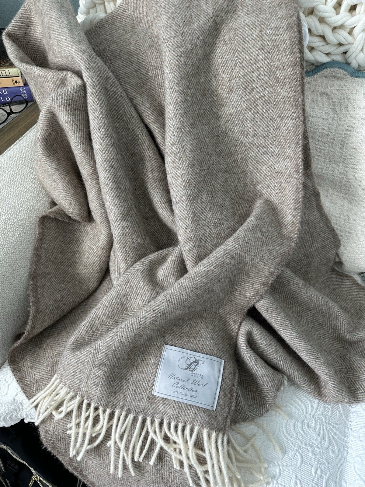 Bronte By Moon Wool Throw Fringed Blanket Lt Brown & Cream 53”x 68" gallery