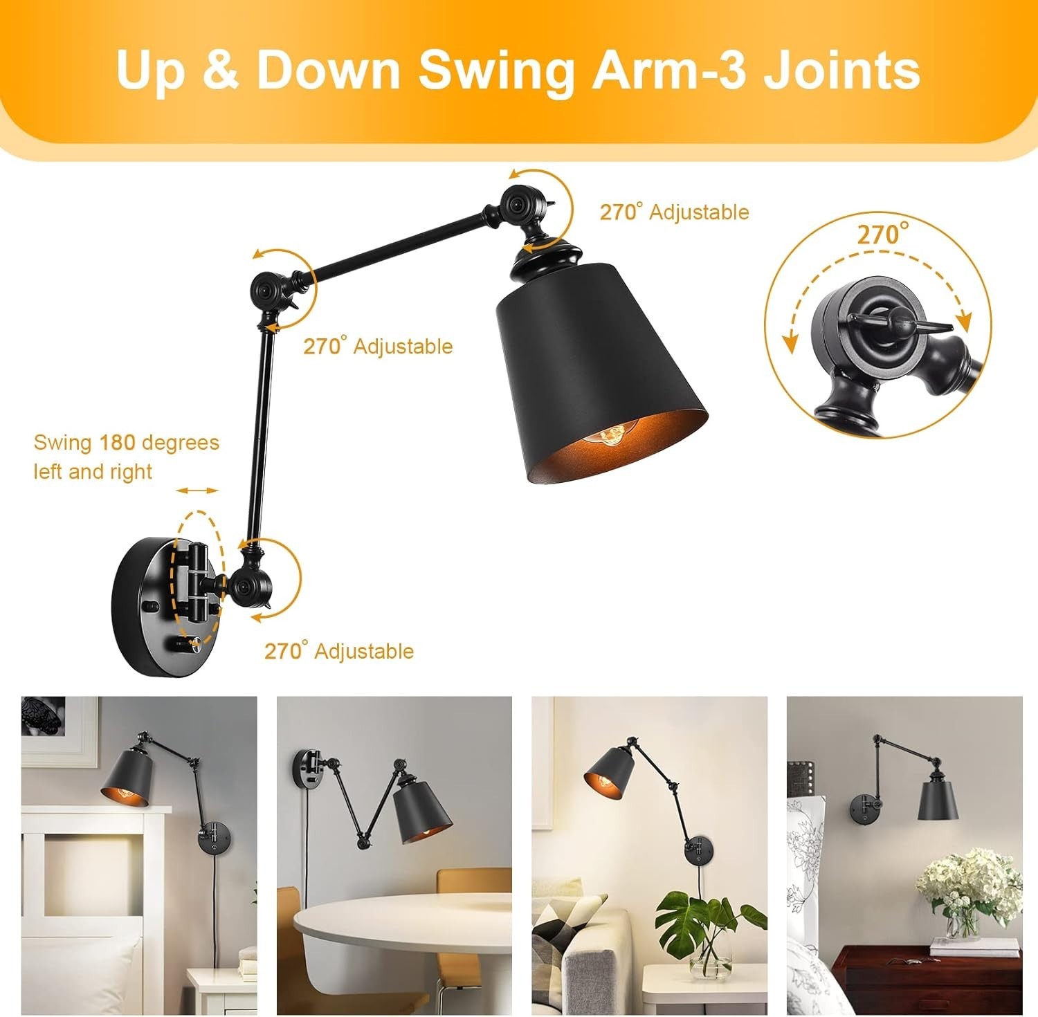 HOXIYA Dimmable Swing Arm Plug In Wall Sconce Lamps Matte Black Set of 2 NEW gallery