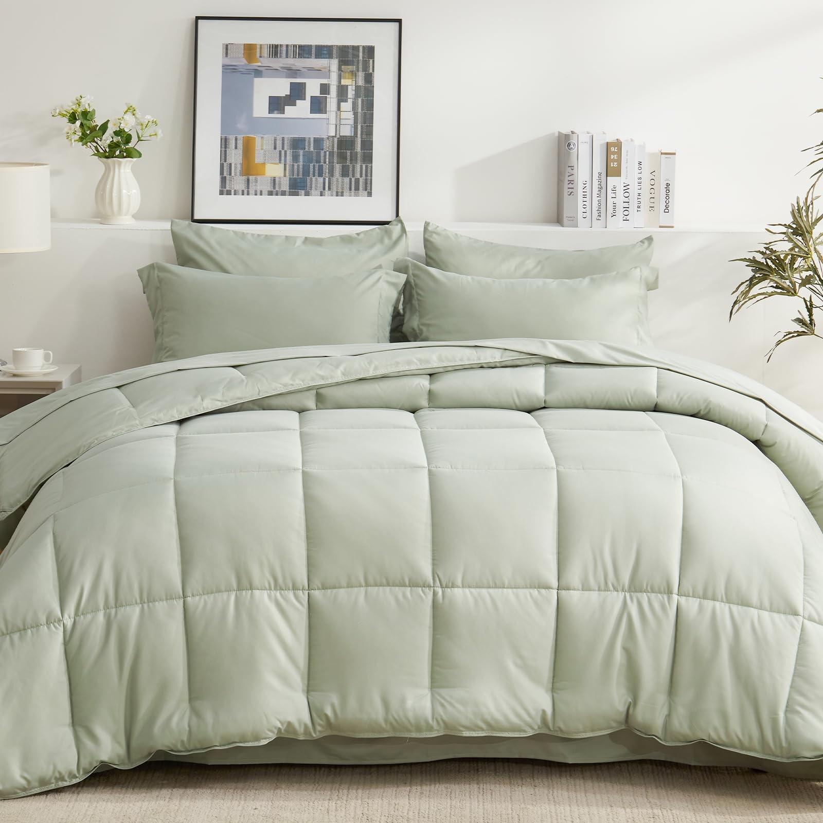 Full Comforter Set 7 Pcs, Sage Green Bed in a Bag, All Season Lightweight Sof... gallery