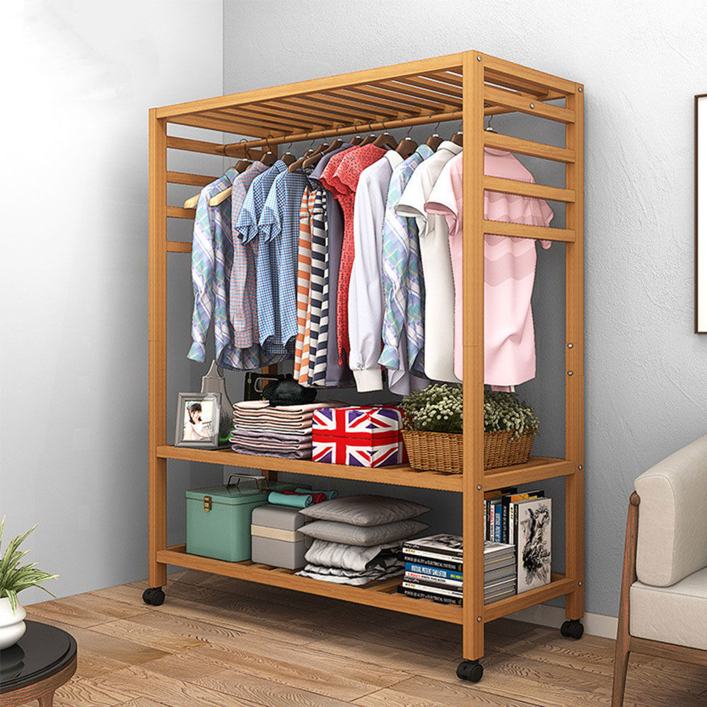 Bamboo Clothes Rail Scarf Cart Hanging Garment Coat Rack w 3 Tier Storage Shelf gallery
