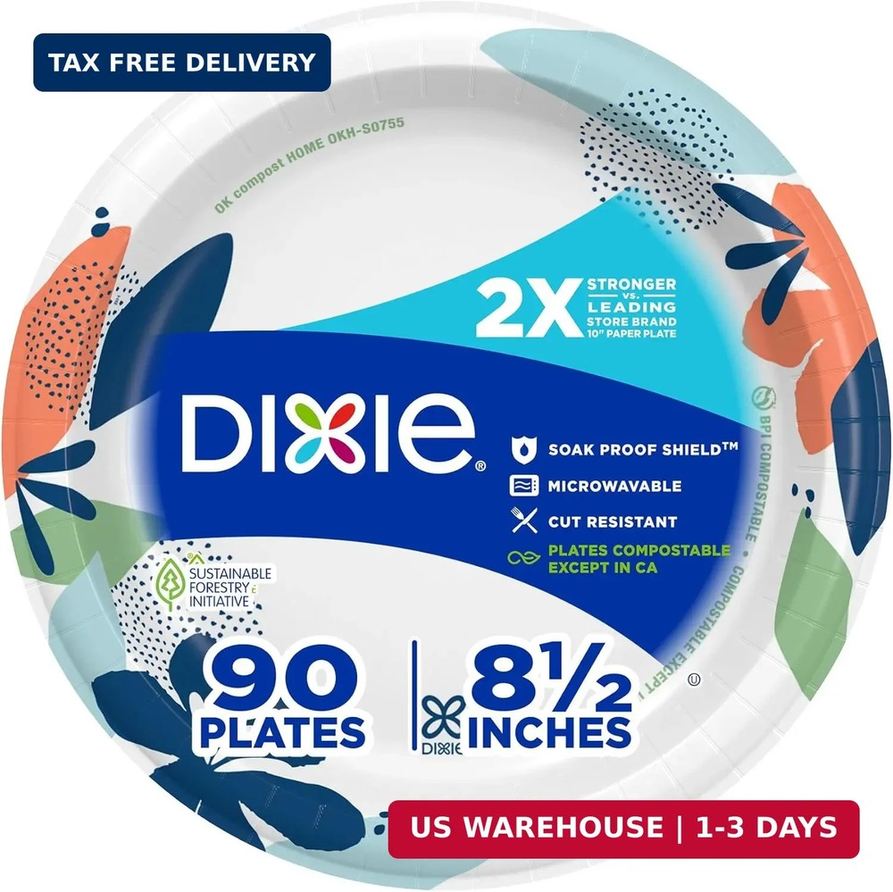Dixie Medium Paper Plates, 8.5 Inch, 90 Count, 2X Stronger*, Microwave-Safe, Soa