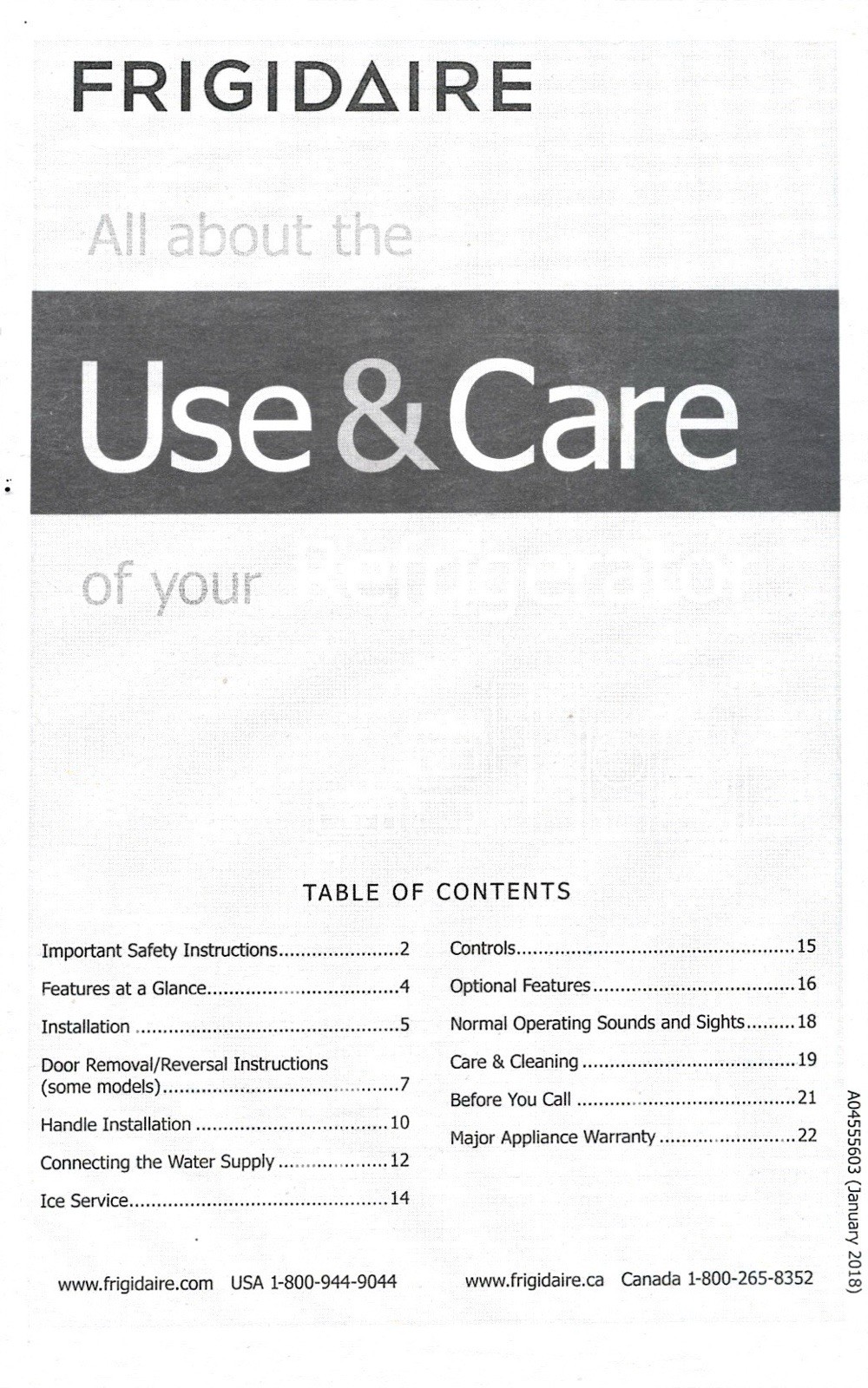 Use & Care Manual for Frigidaire Refrigerator - A04555603, January 2018 gallery