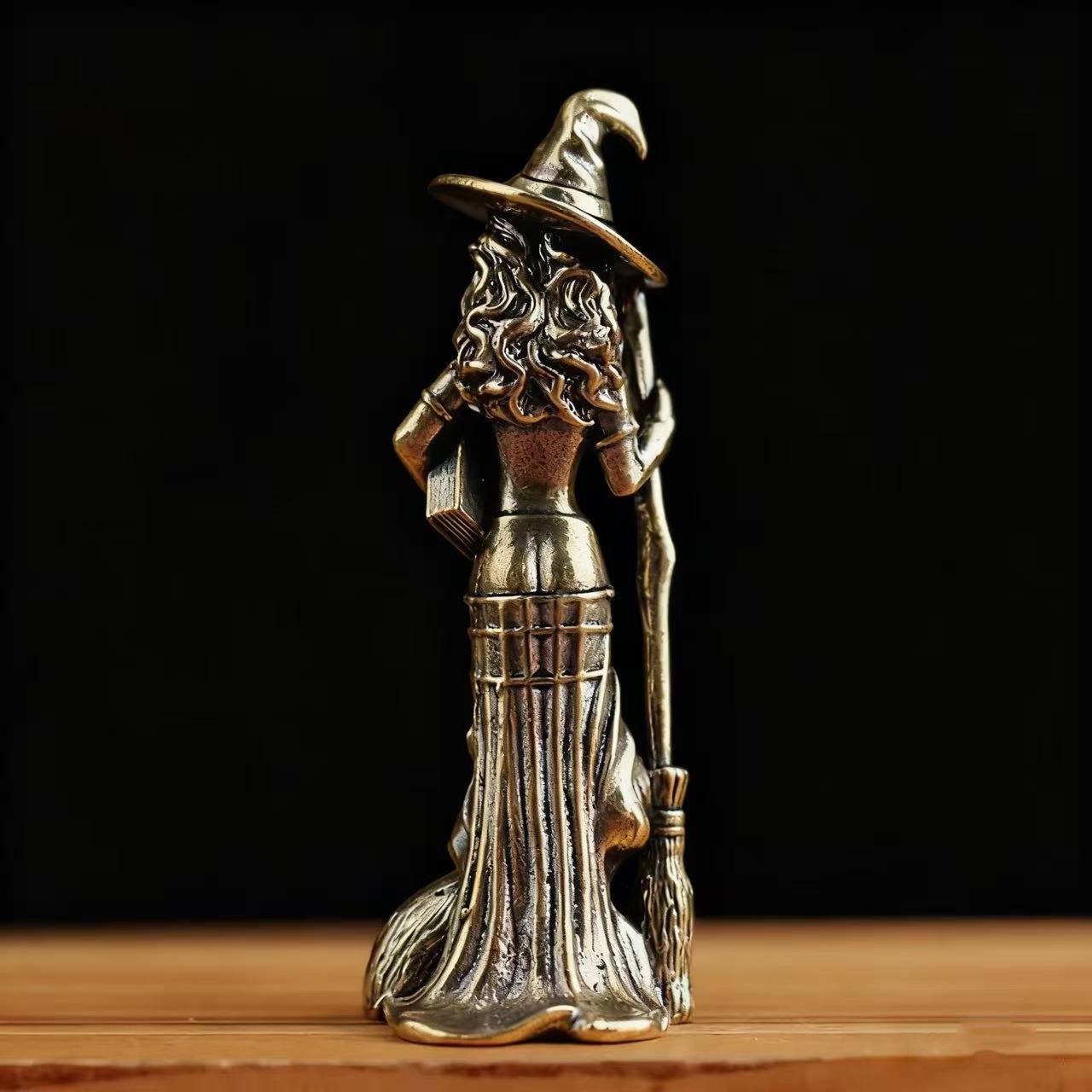 2PCS Brass witch Broom cat figure statue Halloween magical fantasy decor gallery