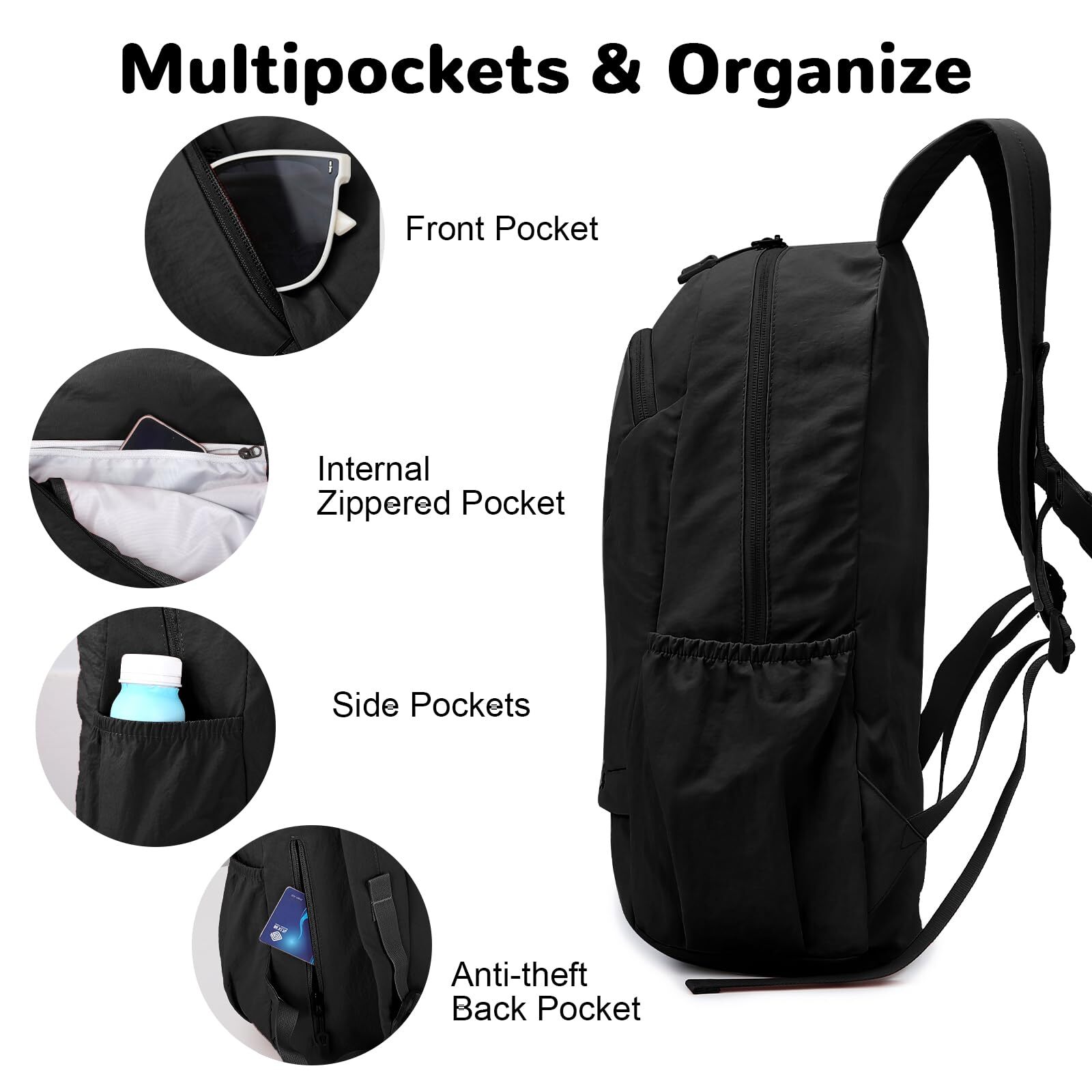 25L Foldable Hiking Backpack with Wet Pocket Small Packable Daypack Black 4