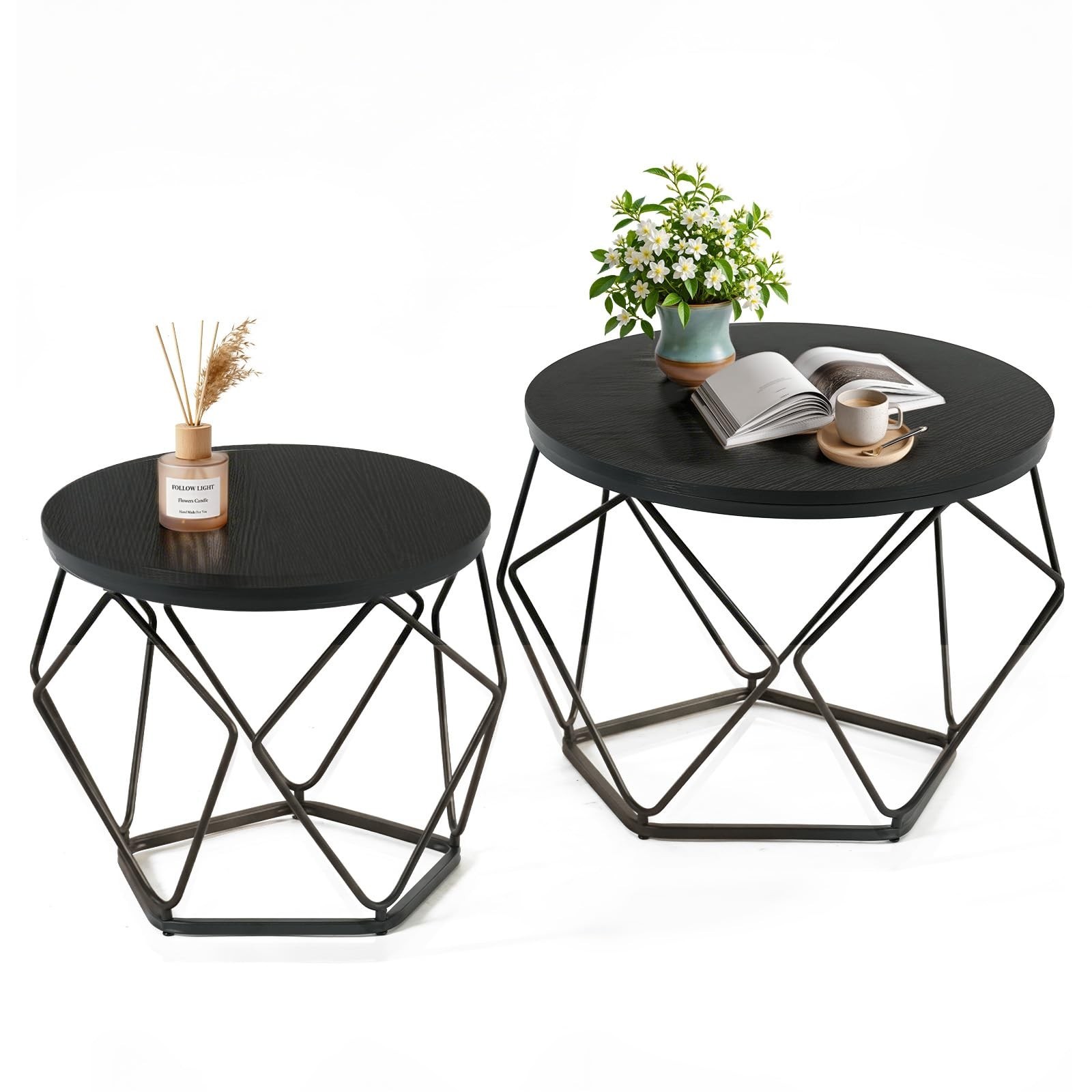 DUMOS Modern Geometric Coffee Table Set of 2, Round Nesting Side Tables with ... gallery