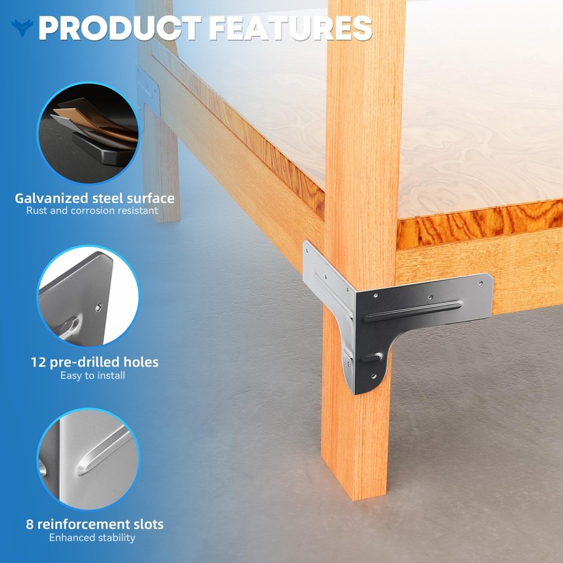 8 PCS Galvanized Steel Workbench Corner Bracket Kit - Heavy Duty 2x4 Shelf Brack gallery