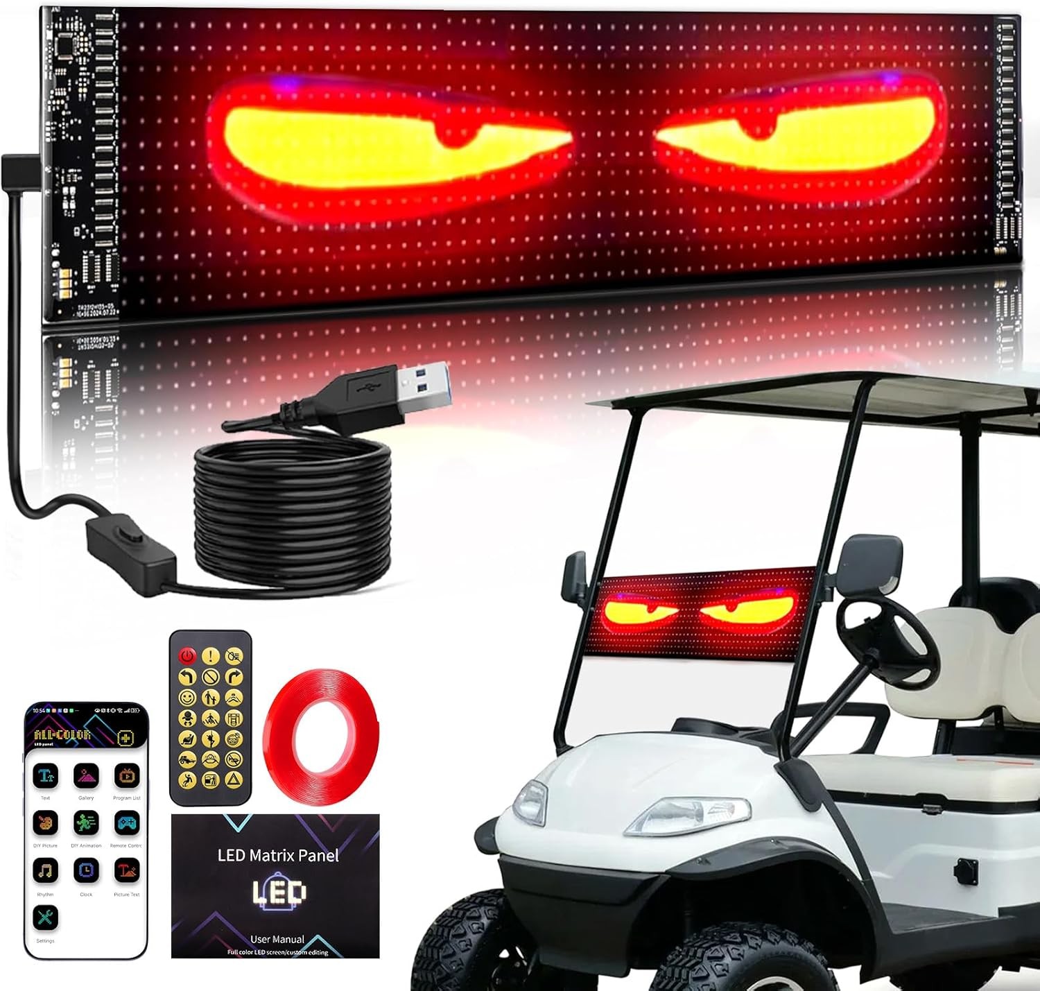 Golf Cart Devil Eyes Light Sign, 23x5in Programmable Flexible Screen for gallery