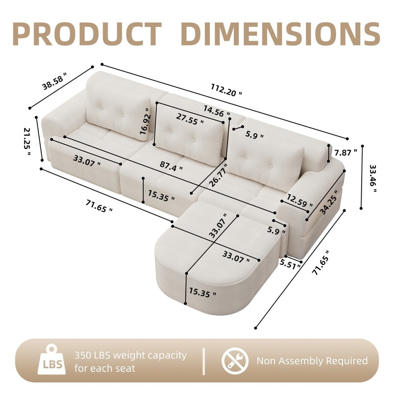 112" L-Shaped Sectional Sofa Modular Cloud Couch w/ Chaise, Boneless No Assembly gallery