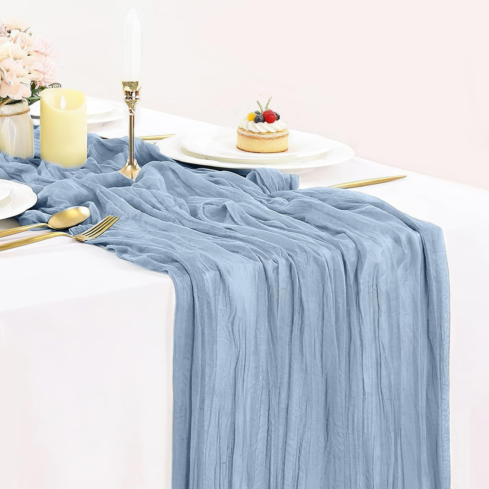 Dusty Blue Cheesecloth Table Runner 35x120 Inch, Semi Sheer Boho Gauze Cheese... gallery