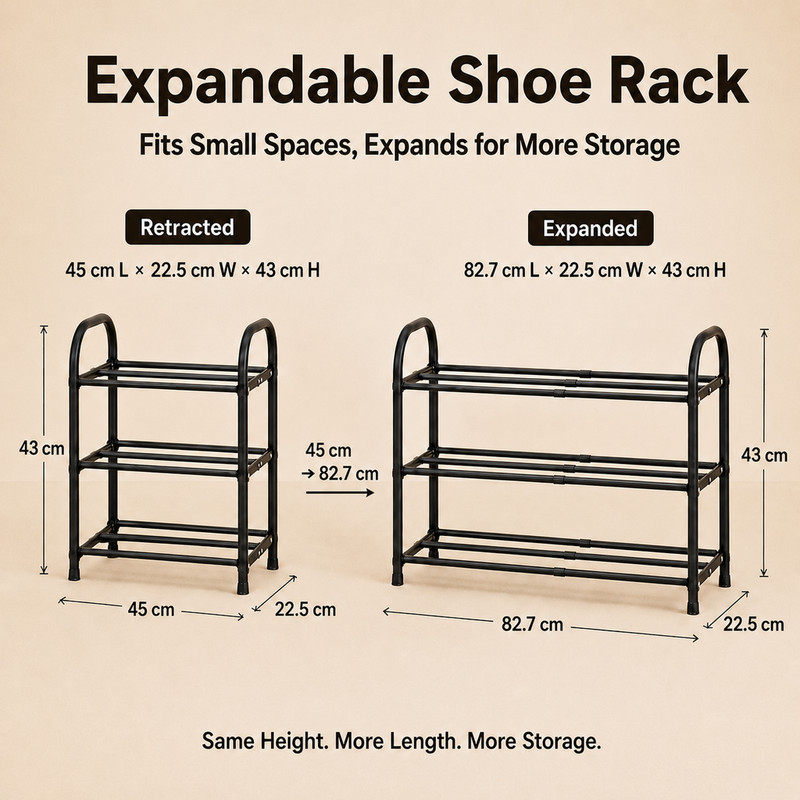 3-layer 3bar extendable shoe rack, saves space for storage, made of sturdy metal gallery