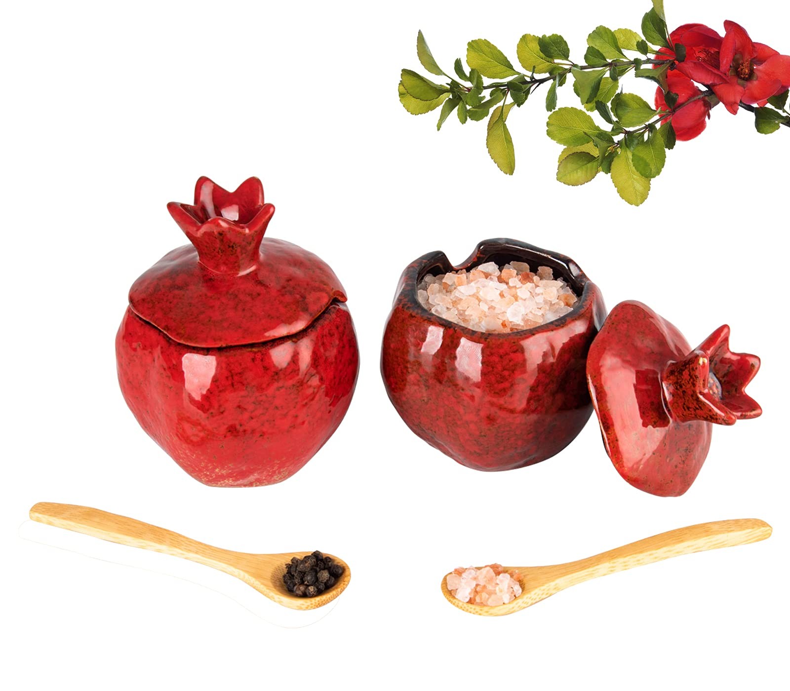 GABROC Salt Cellar 2 PCS Ceramic Pomegranate Shaped Salt Bowl With Lid and Spoon gallery