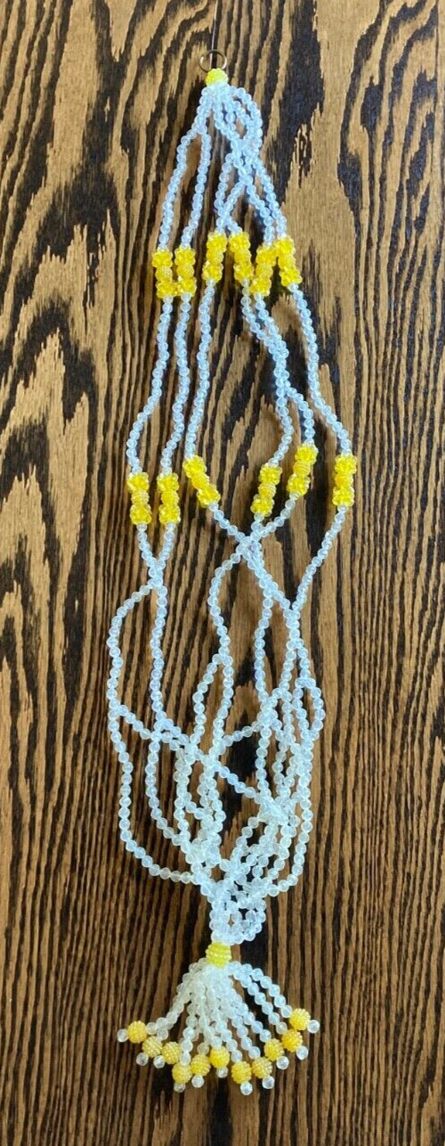 Vintage 70s MCM Boho Retro Clear Yellow Plastic Beaded Plant Hanger 37" gallery