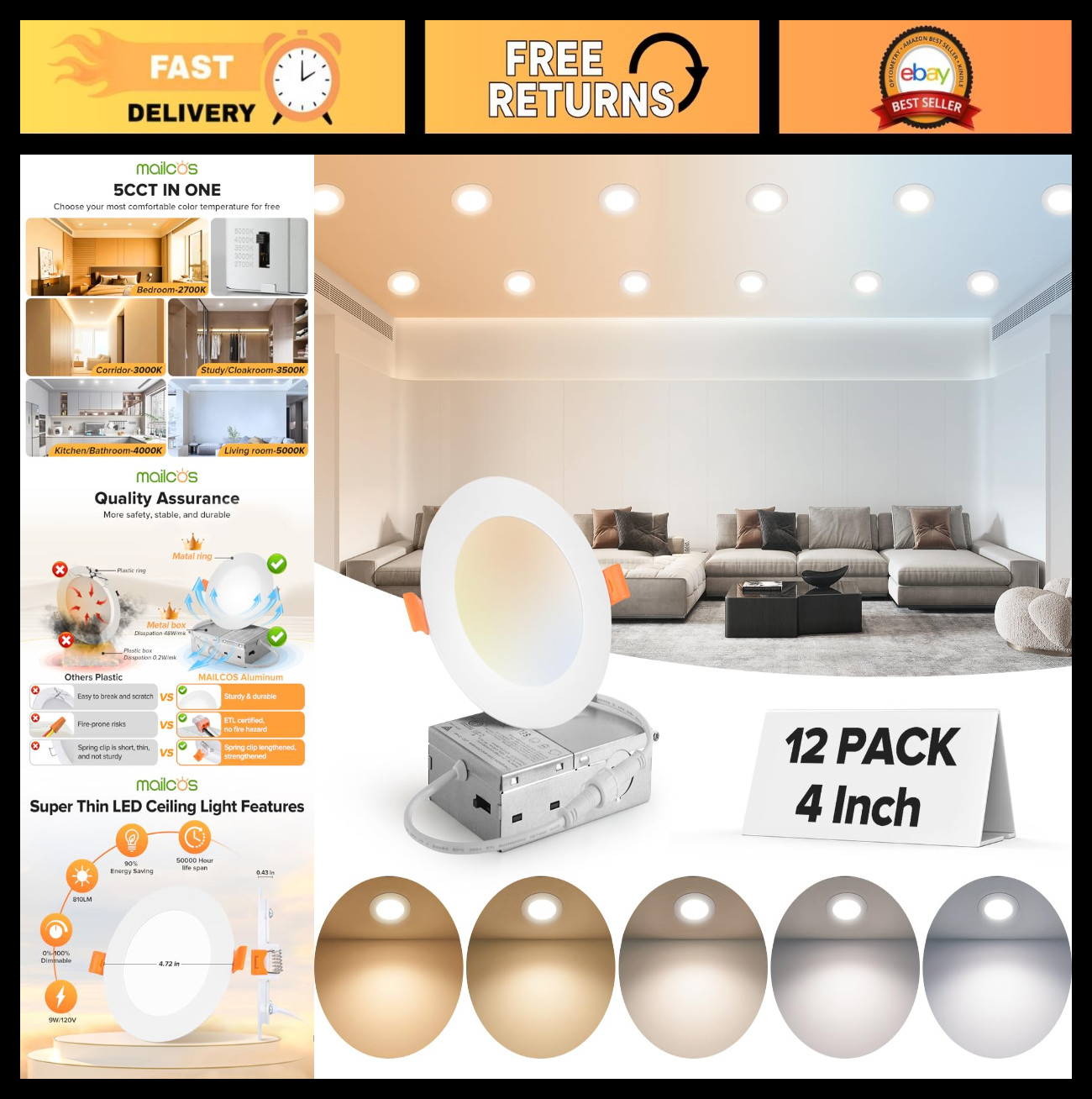12 Pack 4" Ultra-Thin LED Recessed Ceiling Lights, Dimmable, 2700K-5000K, 810LM gallery