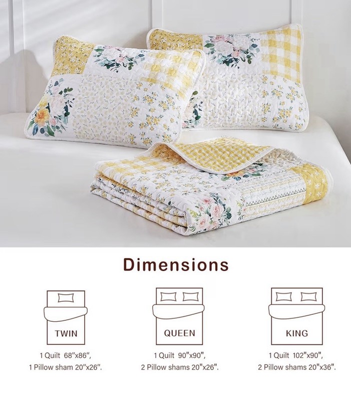 3pc Floral Patchwork Quilt Set Queen - Yellow White Reversible Bedspread & Shams gallery