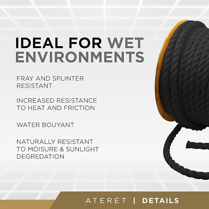 ATERET Twisted 3-Strand Black Polypropylene Rope Monofilament ALL SIZES gallery