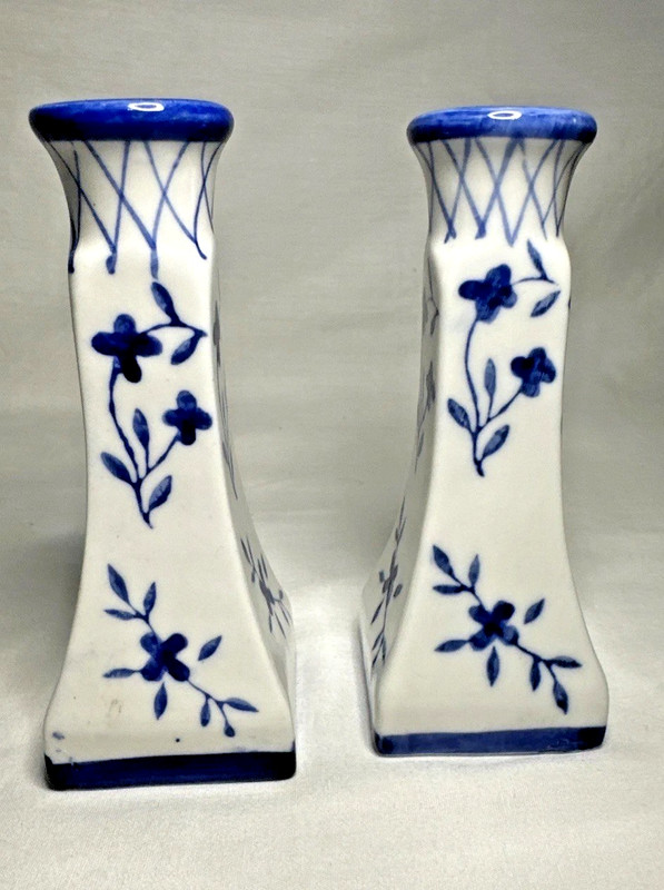 Two Pillar Candlestick Holders 5" Cobalt Blue Delft Floral Porcelain Ceramic gallery