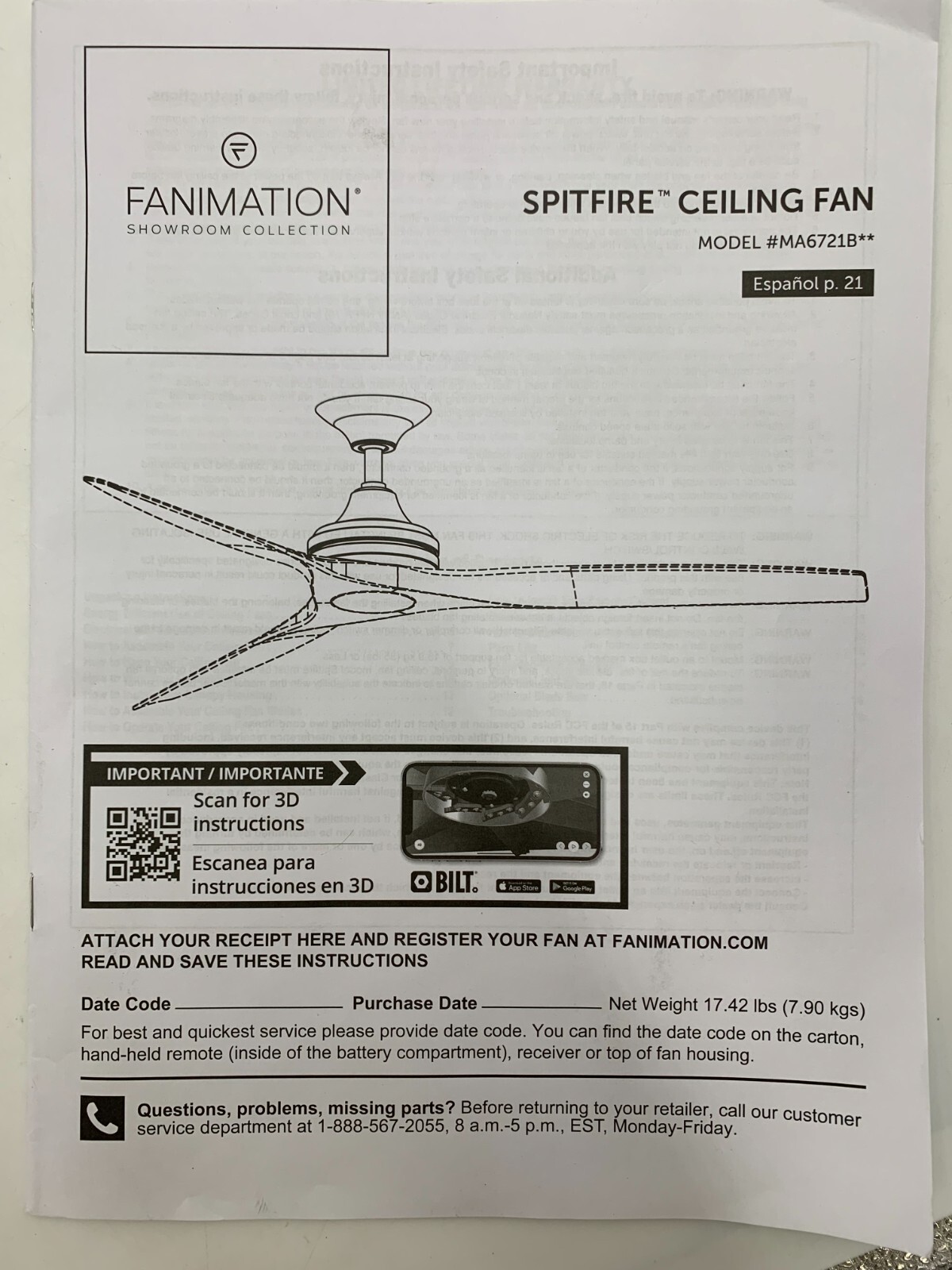 Pottery Barn 48" Spitfire Ceiling Fan LED W Light Kit Blades Not Included #8026C gallery