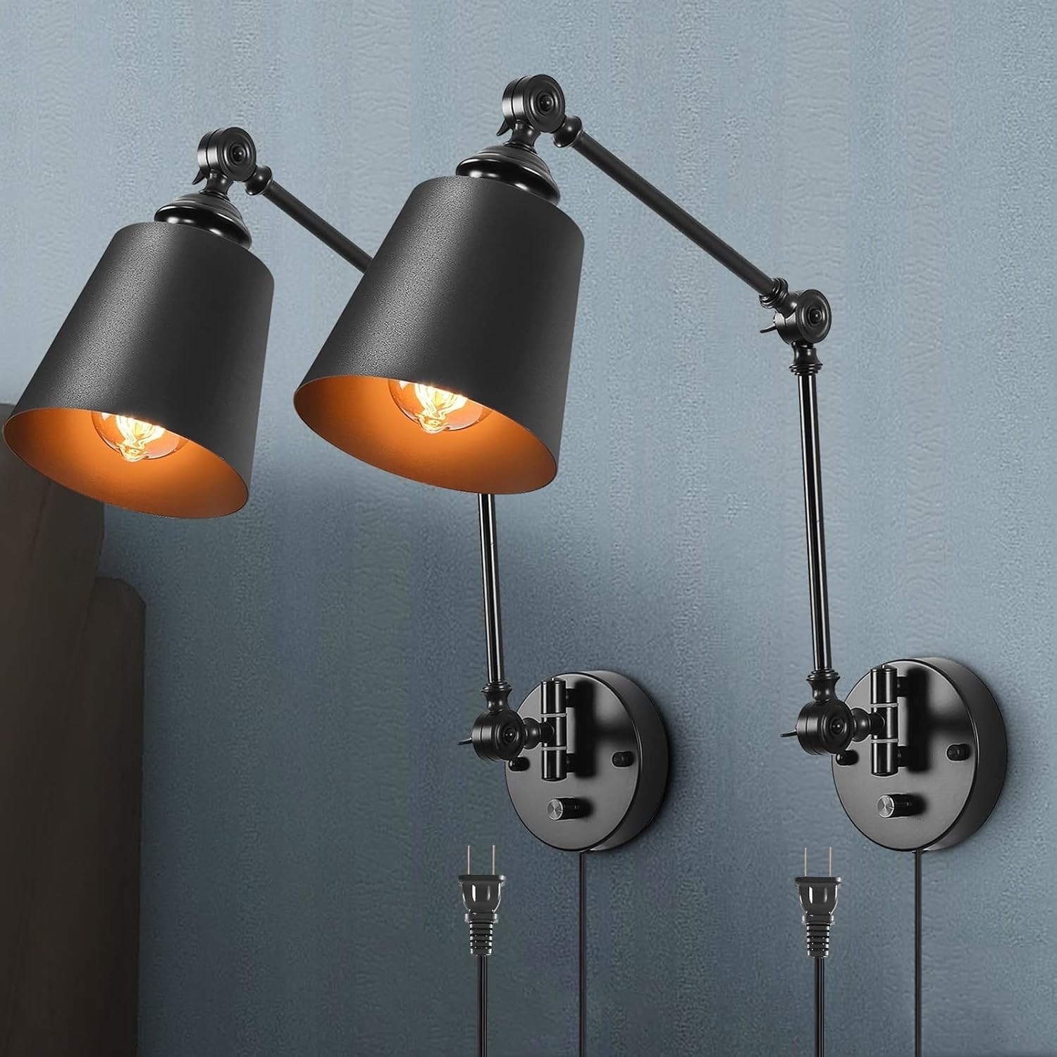 HOXIYA Dimmable Swing Arm Plug In Wall Sconce Lamps Matte Black Set of 2 NEW gallery