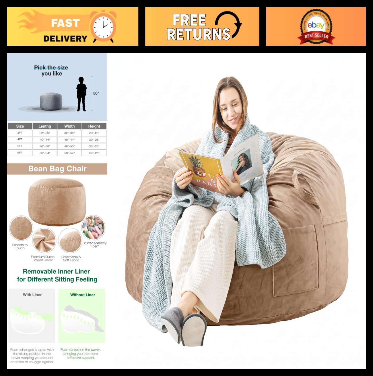 Memory Foam Bean Bag Chair for Adults - Soft Velvet, Stylish Sofa, 3ft, Camel Co gallery