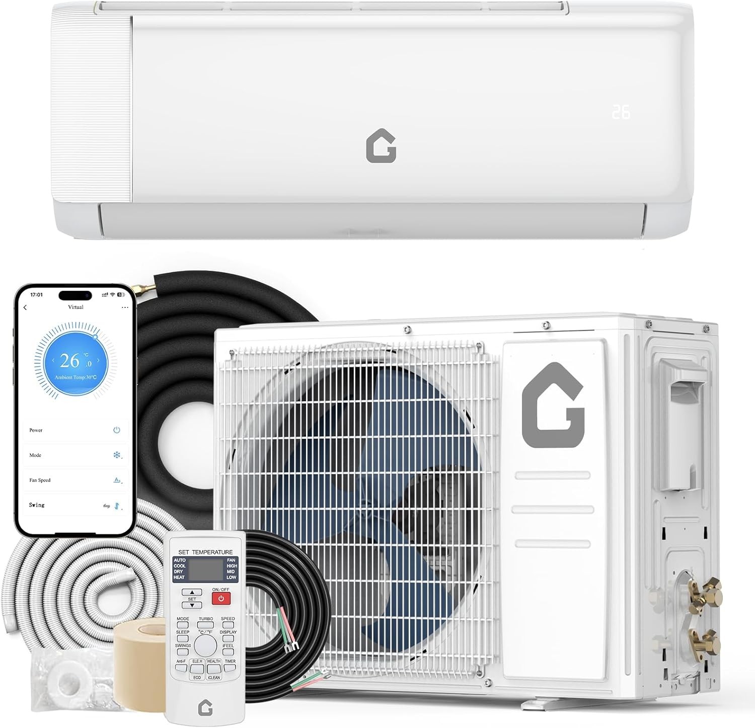 18000 BTU Mini Split Air Conditioner Heat Pump WiFi Inverter 21 SEER2 230V w/kit gallery