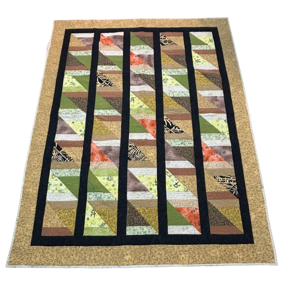 Handmade Patchwork Quilt Throw Asian Geometric Triangles Sashing Signed 2012