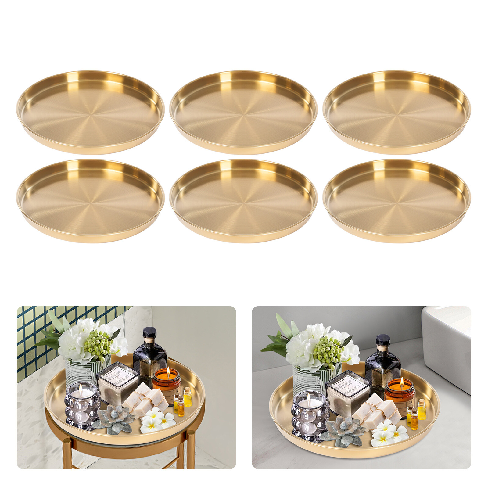 6 Pieces Round Serving Trays Stainless Steel Table Tray Gold Decorative Tray US gallery