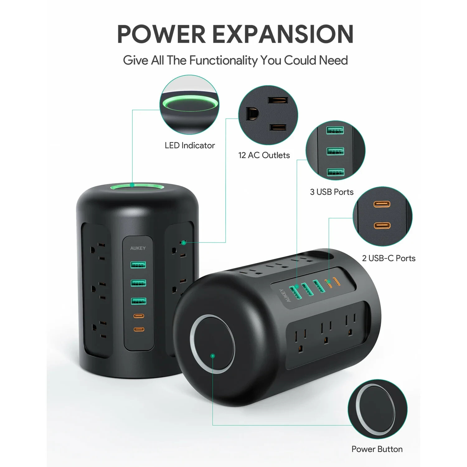 Power Strip Tower, 12 Outlets, 30W 3 USB & 2 USB-C ports, power up to 17 devices gallery