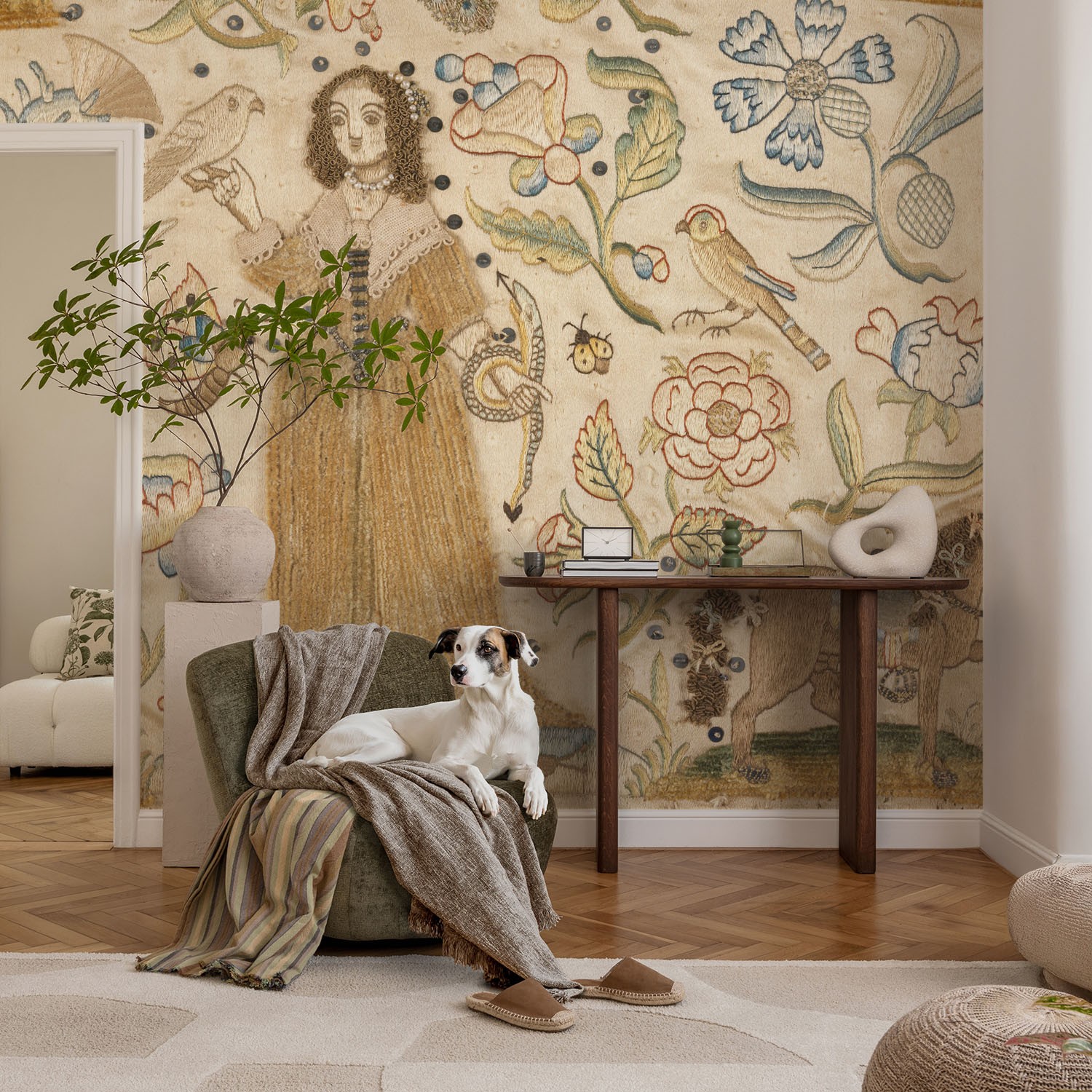 High Quality Non-Woven Wall Mural A Floral Landscape With A Figure In The Center gallery