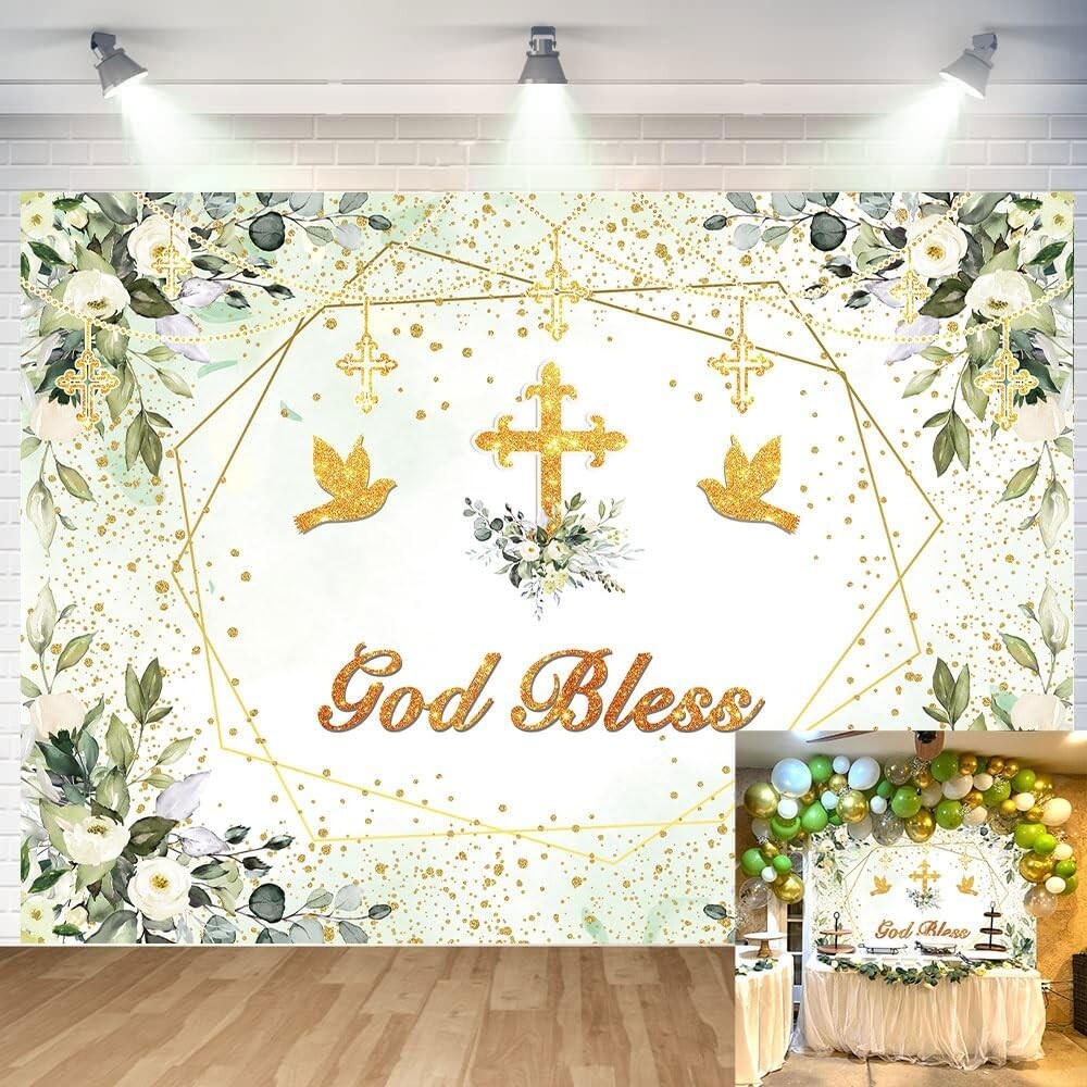 Greenery God Bless Backdrop 7x5ft Baptism Communion Banner Green Gold Decor