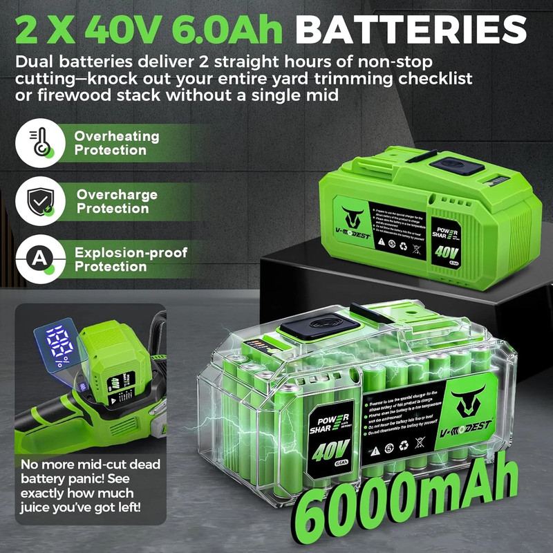 40V 16" Cordless Electric Brushless Chainsaw Wood Cutting with 2x6.0Ah Batteries gallery
