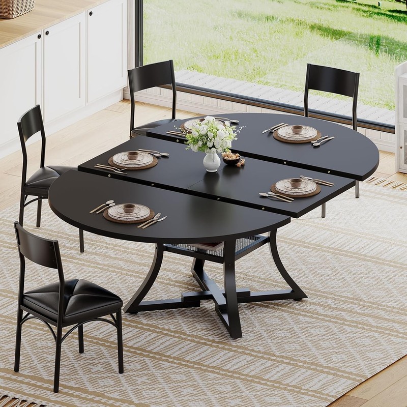 Round Extendable Dining Table Set, Kitchen Table Set with 4 Cushion Chairs gallery