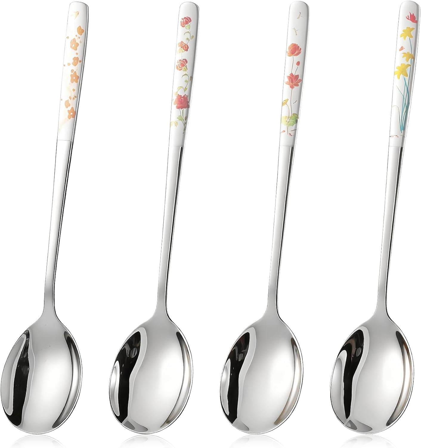 4pc Korean Soup Spoon Set 8" Stainless Steel Long Handle Floral Engraved Spoons gallery
