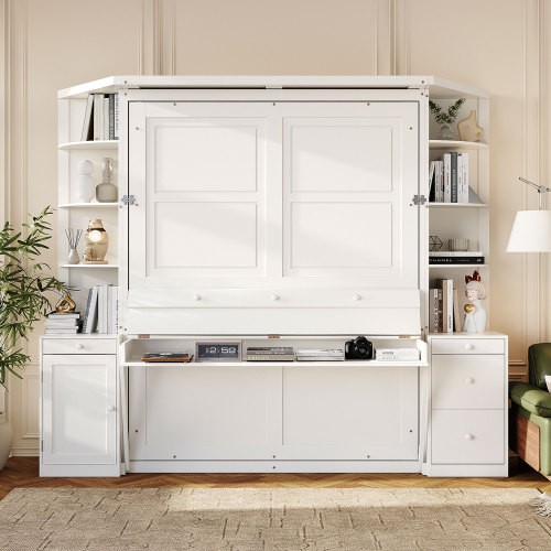 Queen Size Murphy Wall Bed w/ Desk Wall Cabinet Bed Space Saving Wood Hidden Bed gallery