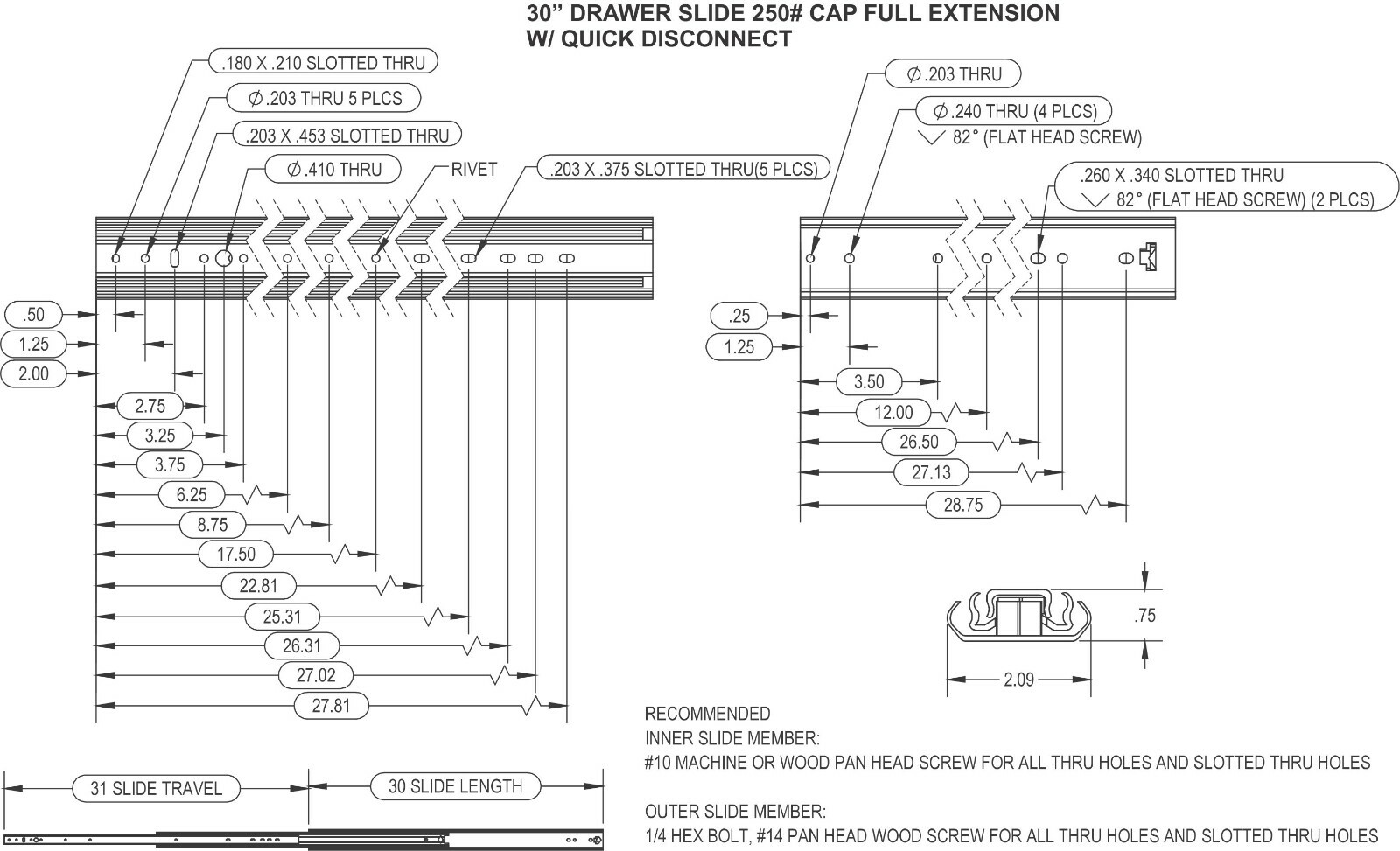 Pair 30" Full Extension 250 LB Capacity Drawer Cabinet Slides Quick Disconnect gallery
