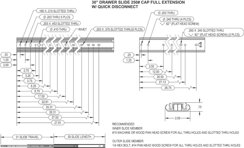 Pair 30" Full Extension 250 LB Capacity Drawer Cabinet Slides Quick Disconnect gallery