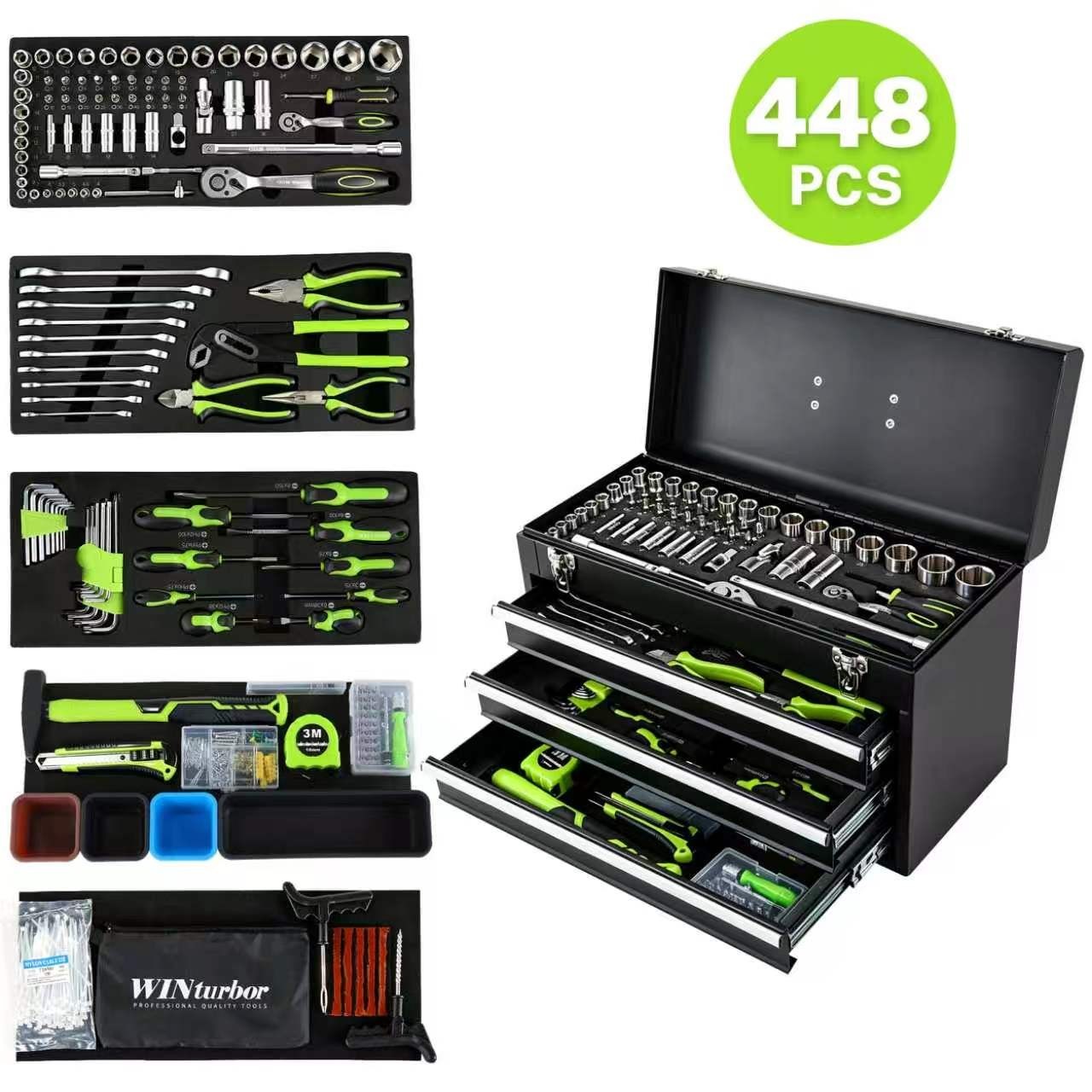 448-Piece Mechanics Tool Set, 3-Drawer Heavy Duty Metal Box, Socket Wrench Kit gallery
