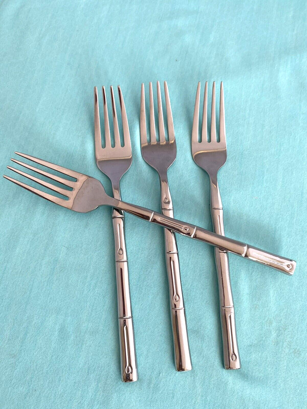 NEW 4 Hampton Forge BAMBOO Salad Forks Signature Stainless GLOSSY 7" gallery
