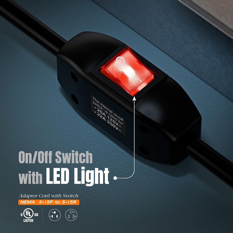 Inline On/Off Switch Extension Cord, 3-Prong Household Switchable Power Cords... gallery