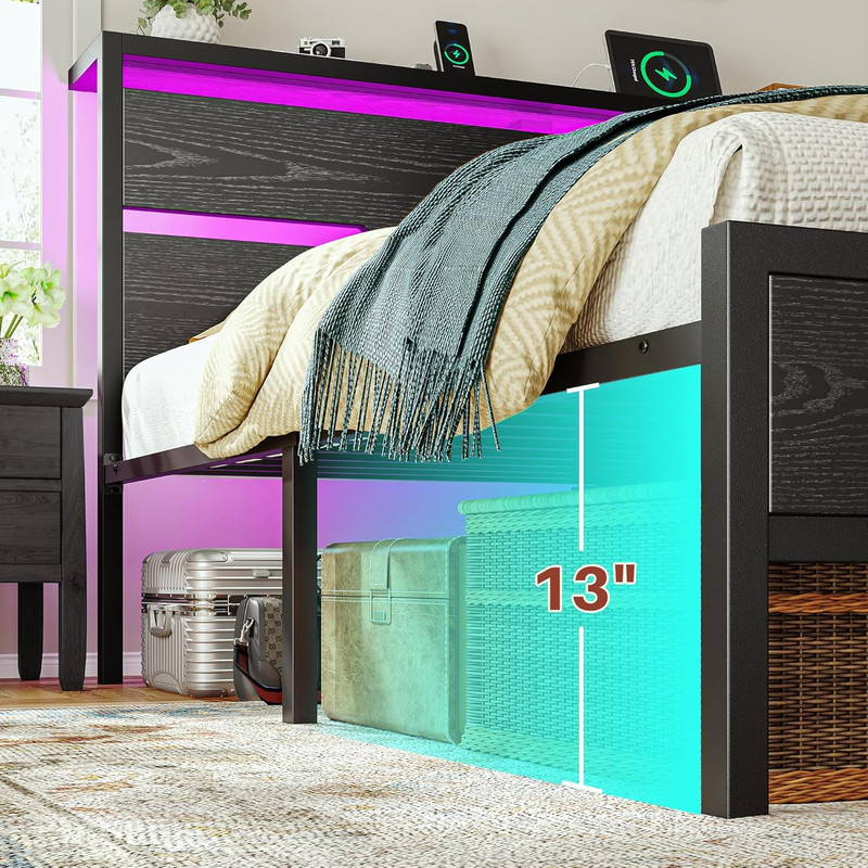 King Size Bed Frame with LED Lights & Charging Station, King Bed Frame and Headb gallery