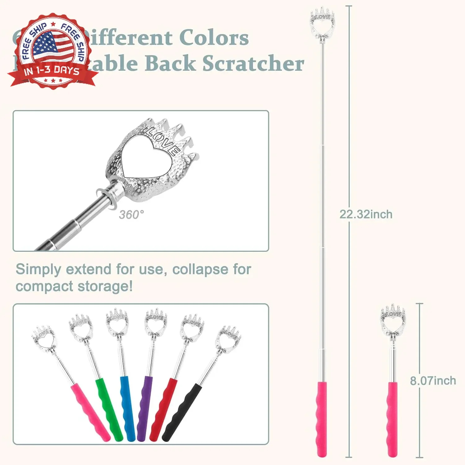 6 Pack Retractable Back Scratcher, Heavy-Duty Metal, Extends 8.4 to 23 Inches, f gallery