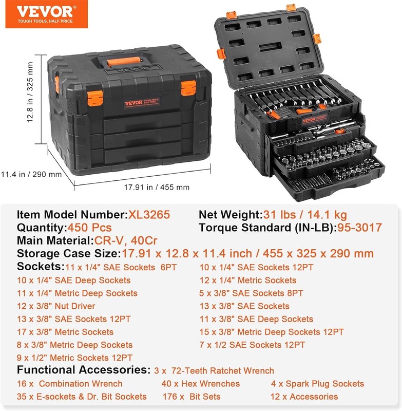 VEVOR Mechanics Tool Set and Socket Set 1/4in 3/8in 1/2 in Drive Sockets 450Pcs gallery