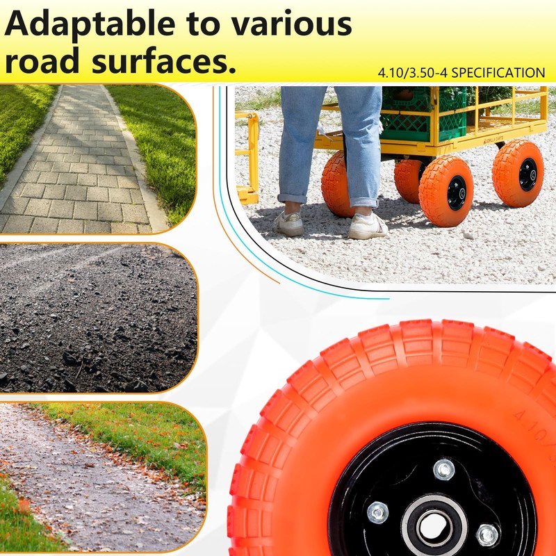 Flat Free Solid Polyurethane Tire & Wheel, 10" for Wheelbarrows & Carts 4 Pack gallery