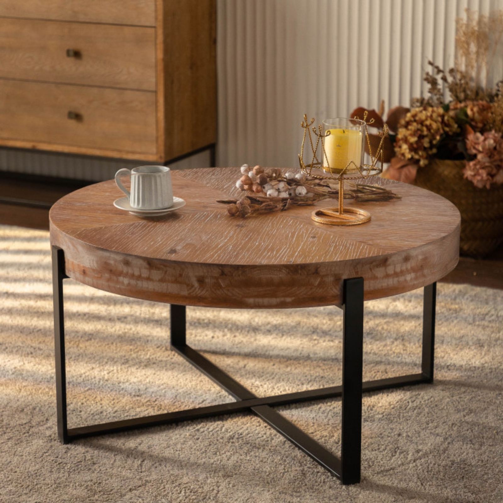 33.86" Splicing Round Coffee Table Fir Wood Table Top with Black Cross Legs Base gallery