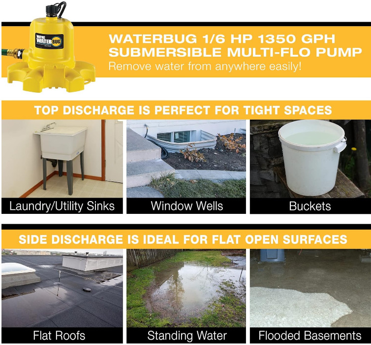 WAYNE WaterBUG 1/6 HP Pump–1350GPH Submersible Multi-Flo Water Removal &Transfer gallery