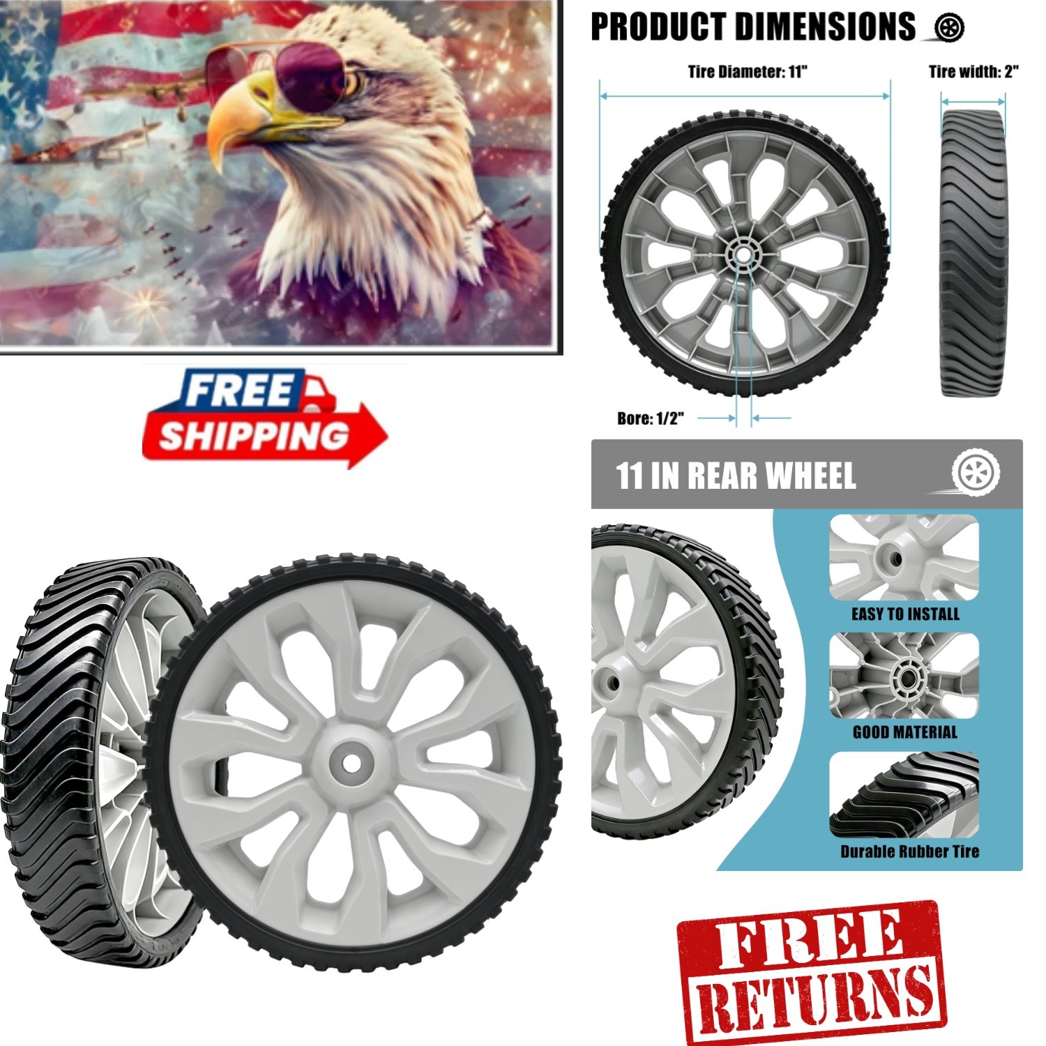 Durable 11" Plastic Mower Wheels with Copper Bushing - Set of 2 for Troy-Bilt gallery