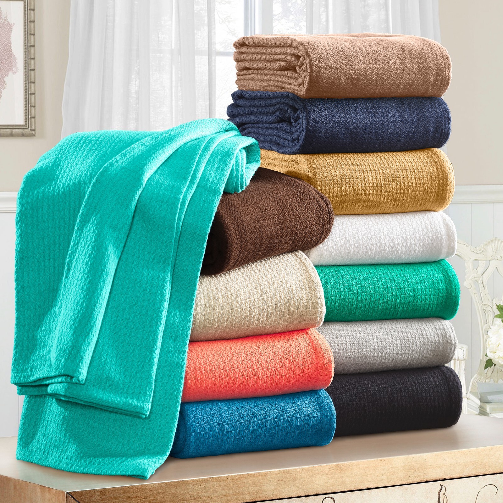 Waffle Stitch Textured Breathable 100% Cotton Weave Solid Sofa Bed Blanket Throw gallery
