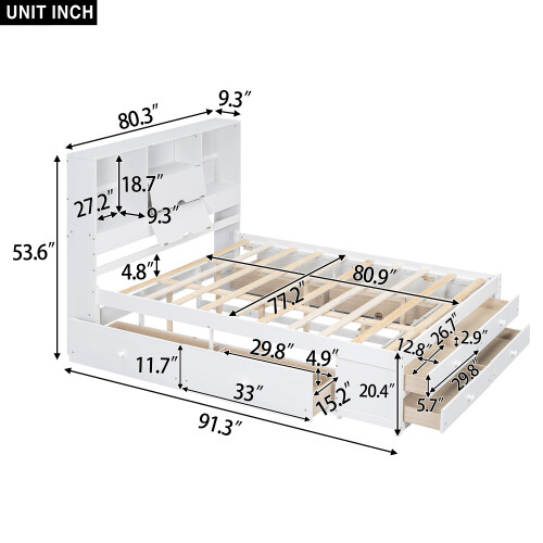 Queen King Size Platform Bed with Storage Drawers Bookcase Headboard Bed Frames gallery