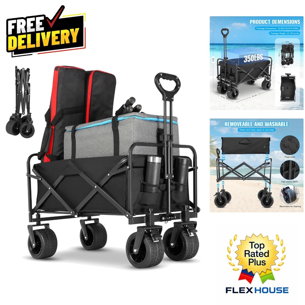Utility Folding Wagon with Big Wheels - 350 lbs Capacity, Adjustable Handle